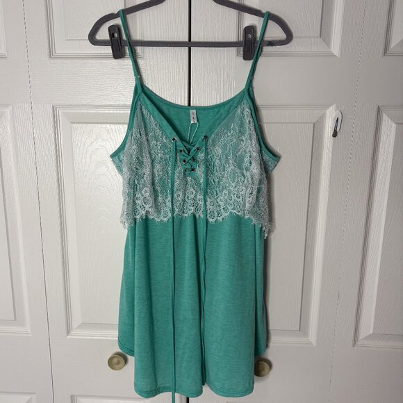Rosegal Plus Size 24 Teal Lace-Up Cami Tank Top Lace Trim - Picture 1 of 4